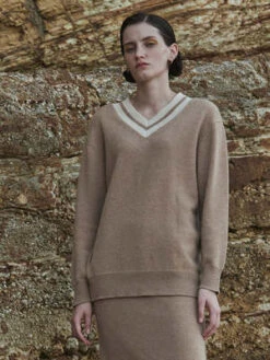 PureCashmere NYCDouble V Neck Sweater - Camel