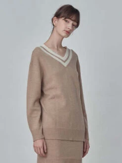 PureCashmere NYCDouble V Neck Sweater - Camel -ULLA JOHNSON Clothing Shop Double V Neck Sweater Camel 20230925213507 1