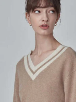 PureCashmere NYCDouble V Neck Sweater - Camel -ULLA JOHNSON Clothing Shop Double V Neck Sweater Camel 20230925213507 3