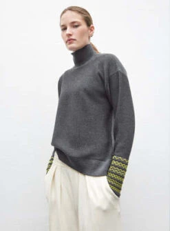 MolliHigh Neck Pullover With Smocked Cuffs - Anthracite Grey/Green -ULLA JOHNSON Clothing Shop MOLLI High Neck Pullover with Smocked Cuffs in Anthracite Grey Green 20231028015355 1