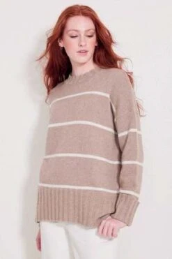 Not MondayMila Crewneck - Latte/Light Grey Stripe