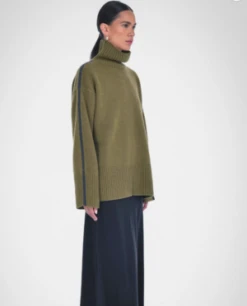 Paper LabelTurtleneck Sweater With Side Stripe - Moss Green