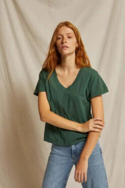 Perfect White TeeHendrix V-Neck Tee - Evergreen -ULLA JOHNSON Clothing Shop Perfect White Tee Hendrix V Neck Tee in Evergreen 20231024232432 1