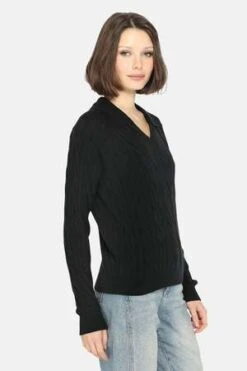 Minnie RoseV Neck Cable Collared Pullover - Black -ULLA JOHNSON Clothing Shop V Neck Cable Collared Pullover Black 20231025081005 2
