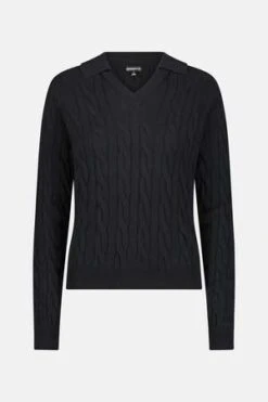 Minnie RoseV Neck Cable Collared Pullover - Black