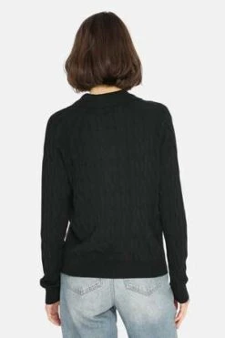 Minnie RoseV Neck Cable Collared Pullover - Black -ULLA JOHNSON Clothing Shop V Neck Cable Collared Pullover Black 20231025081006
